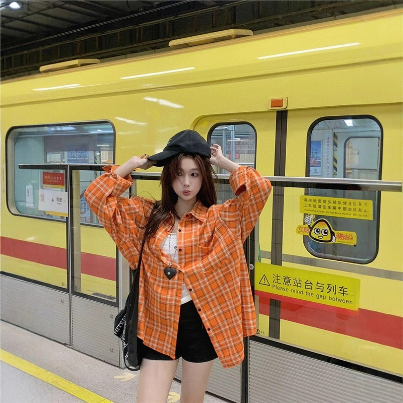 Plaid Shirts for Men and Women, Lazy Style Spring and Summer Loose Casual Orange Shirts, American Retro Long-Sleeved Tops and Jackets Plaid Shirts for Men and Women, Lazy Style Spring and Summer Loose Casual Orange Shirts, American Retro Long-Sleeved Tops and Jackets