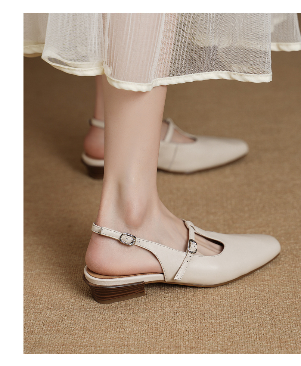Sandal nữ quai ngang da bò gót vuông 3 cm khóa T — màu trắng ngà chi tiết 10