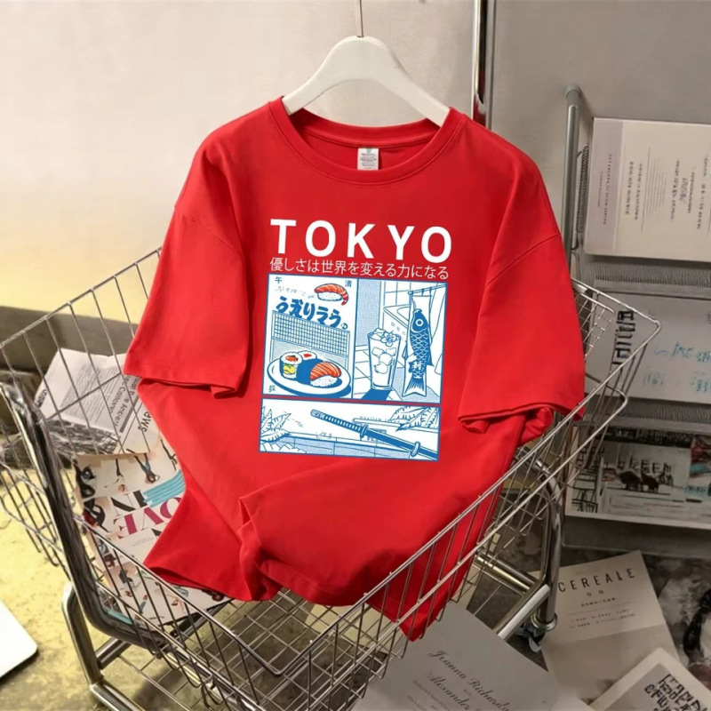 Tokyo Fresh Sushi Print Cotton T-Shirt Women's Summer Short Sleeve T-Shirt Round Neck Soft Loose Top