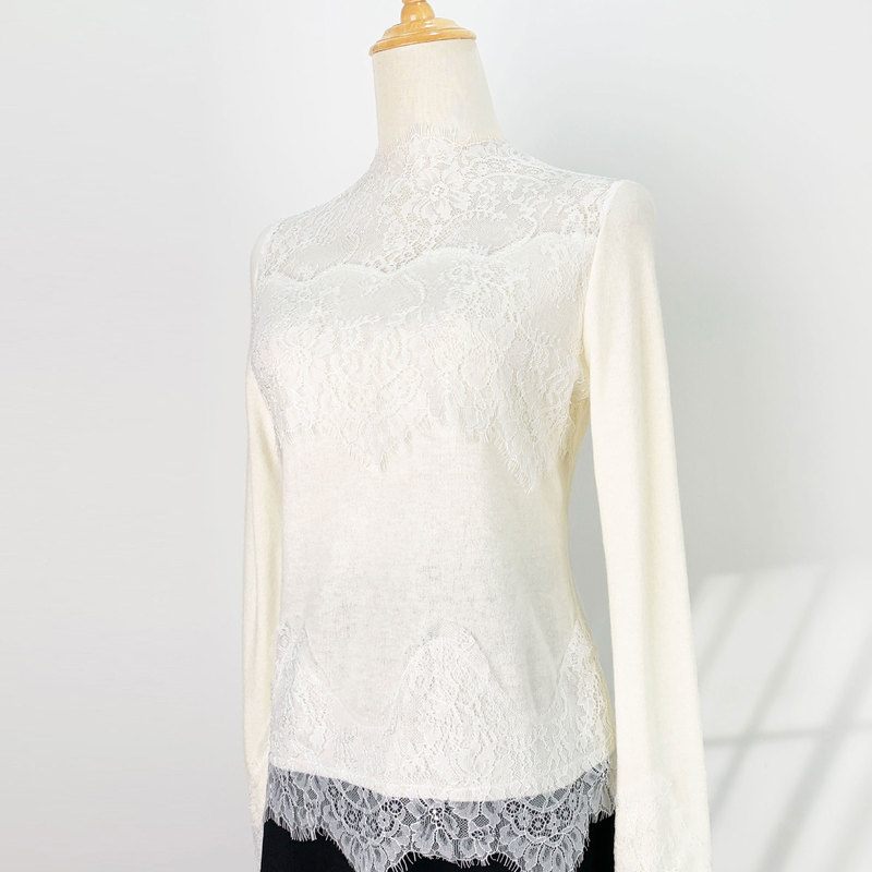 Beautiful High-grade Eyelash Lace Base Shirt Women's Half-turtleneck Long-sleeved Shirt Hollow Stitching White Inner Top