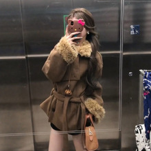 法式复古美拉德毛绒领毛呢外套秋冬新款气质绑带收腰显瘦呢子大衣