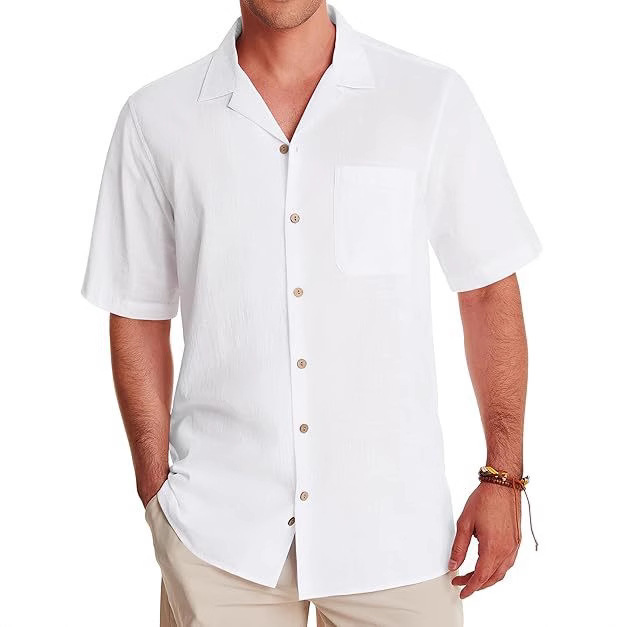 Cross-border Amazon Independent Station Explosions Men's Short-sleeved Shirt Beach Vacation Casual Men's Cotton and Linen Short-sleeved Shirt