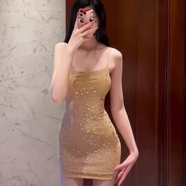 亮闪闪水钻吊带连衣裙女夏季纯欲性感修身短裙显身材紧身包臀裙子