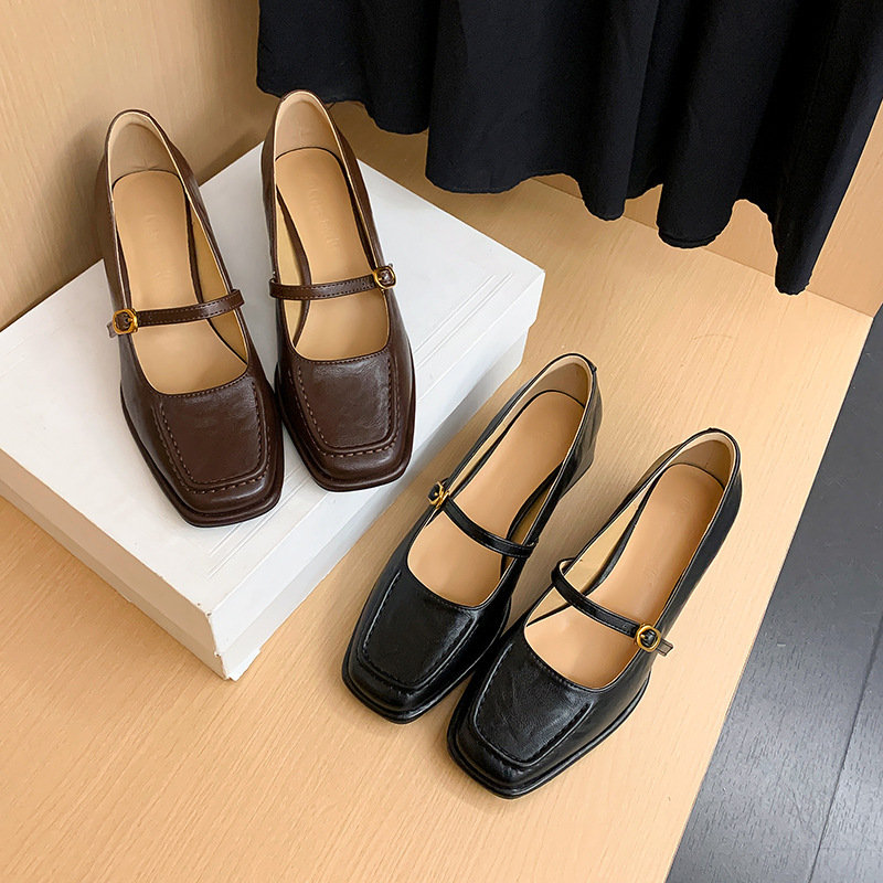 New Style Spring and Autumn French Square-Toe Mary Jane Shoes for Women, Ol Commuter Shallow Loafers with Chunky High Heels