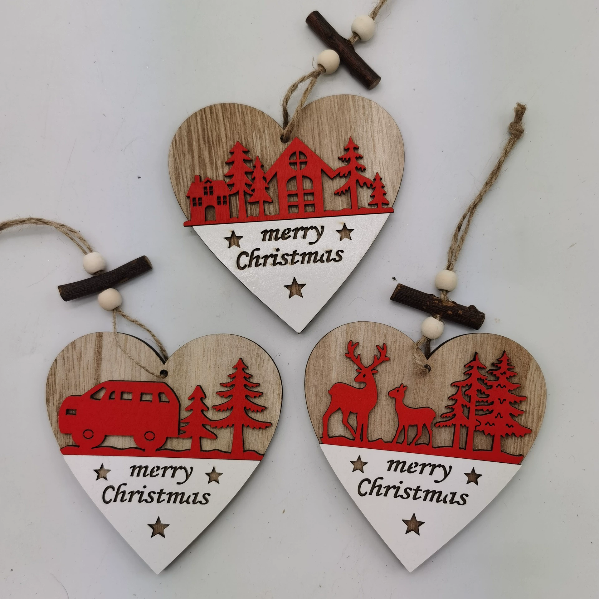 Новые рождественские украшения деревянные рождественские мозги Лазерная полая елка в форме сердца круглая пятиконечная звезда маленький кулон