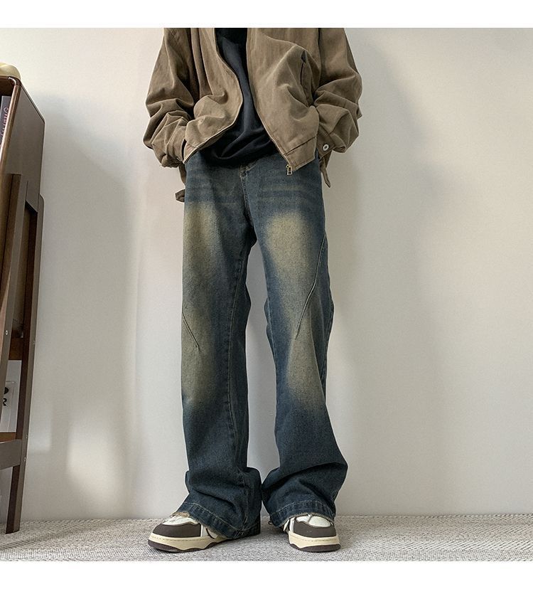 Men's High Street Cleanfit Vintage Washed Denim Jeans - Relaxed Fit Straight Leg Trousers For Casual Wear​_mkmklike.com