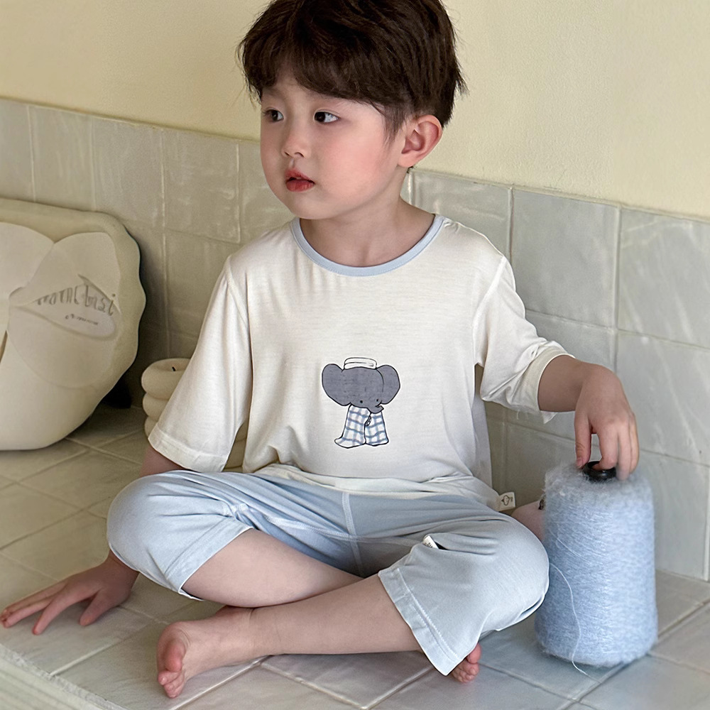 Boys' Pajamas Summer Children's Short-sleeved Medium and Large Children's Boys' Air Conditioning Home Clothes Summer Thin Modal Ice Silk suit