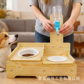 跨境木质宠物饮水机家用置地式猫狗喂食器双碗架简约宠物实木食盆