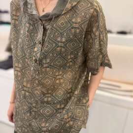 夏季天丝苎麻短袖连帽宽松定位印花复古文艺衬衫防晒百搭上衣172