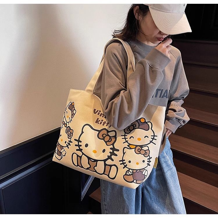 Cartoon canvas single-shoulder bag, women's large-capacity commuter tote bag, Spring/Summer 2025, cute cat tote bag, cross-border undefined