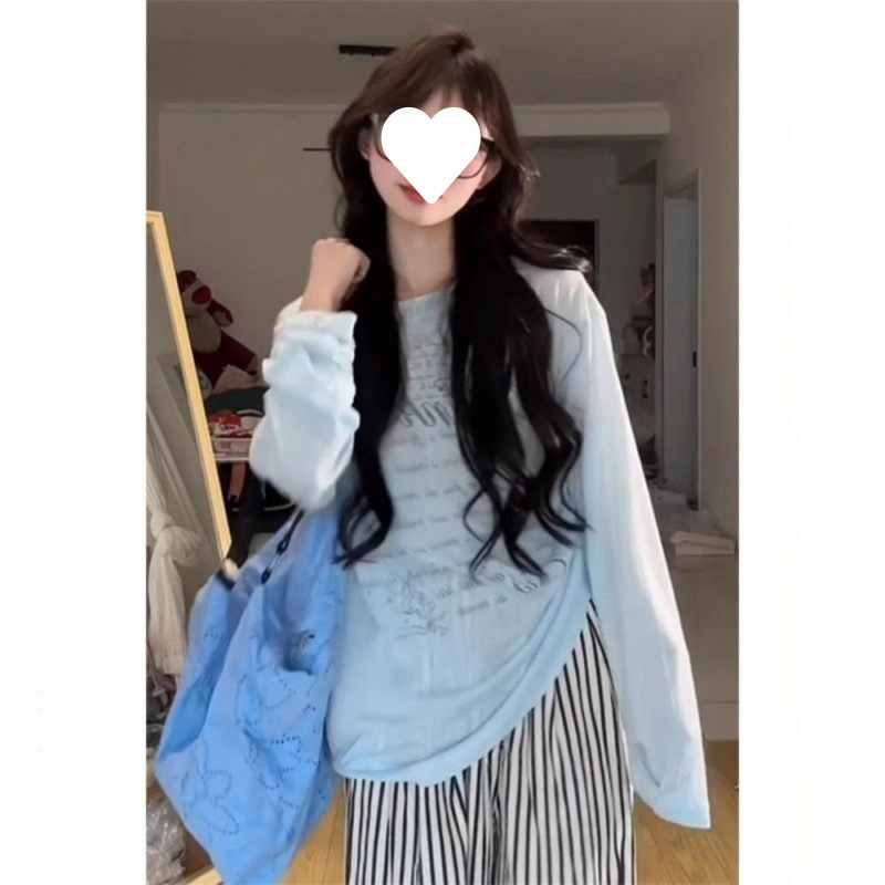 Wholesale [Cross-Border Tencel Ribbed 110g 1*1] French-Style Sweet and Spicy Blue Letter Print Long-Sleeve Sun Protection Summer New Arrival