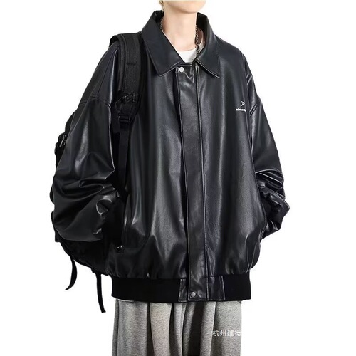 Mens High-end Cool Gangster Style American Trend Loose Plus Size Winter Fleece Youth Leather Jacket Black Leather Coat Outerwear