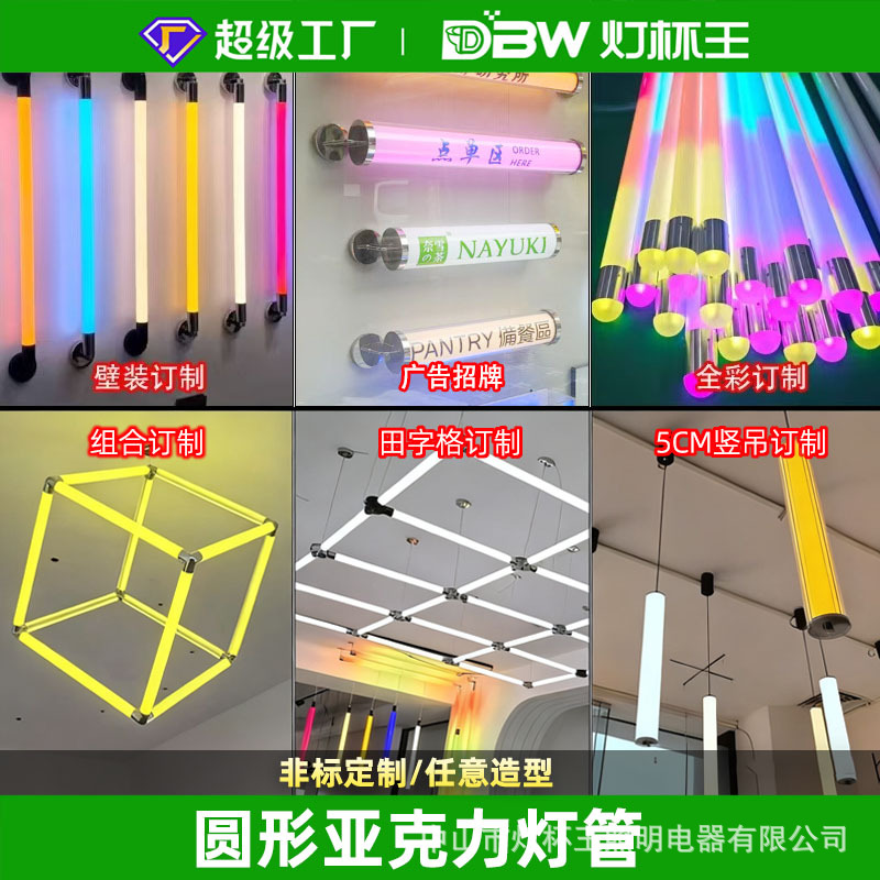 360 grados redondo acrílico luminoso LED tubo de lámpara acrílico tubo de lámpara vertical colgante de pared colgante placa de lámpara publicitaria
