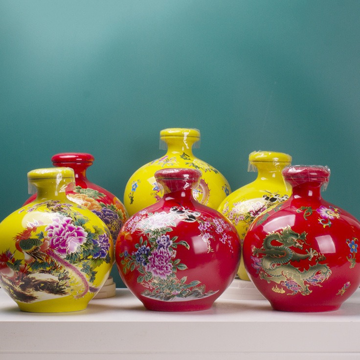 家用5斤装陶瓷酒瓶酒坛酒具密封景德镇瓷器酒罐红色装饰工艺牡丹