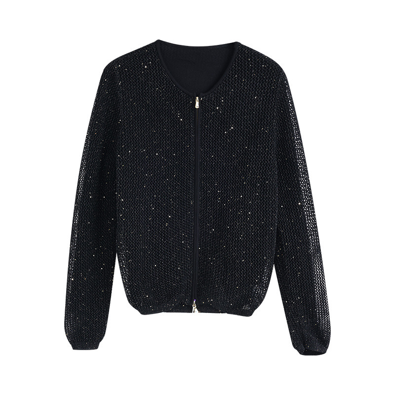[Bc Order] Sequined V-Neck Long-Sleeve Knitted Cardigan for Women 2025 Autumn New Style High-End Elegant Zipper Top