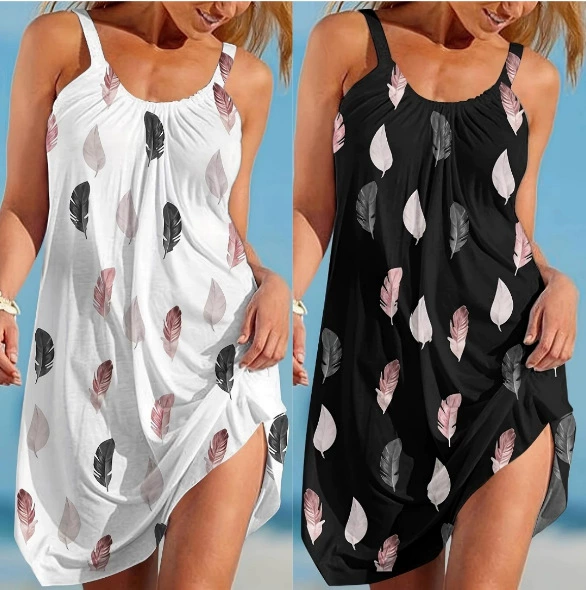 2025 новый трансграничный летний амазонка европейский и американский принт без рукавов подтяжка платье для женской одежды