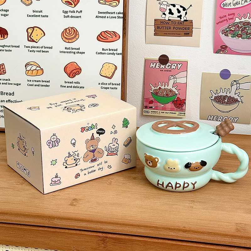 Taza de cerámica Taza de agua para el hogar Taza con tapa Cuchara Regalo de cumpleaños creativo Taza de desayuno femenino Regalo de mano de gran capacidad