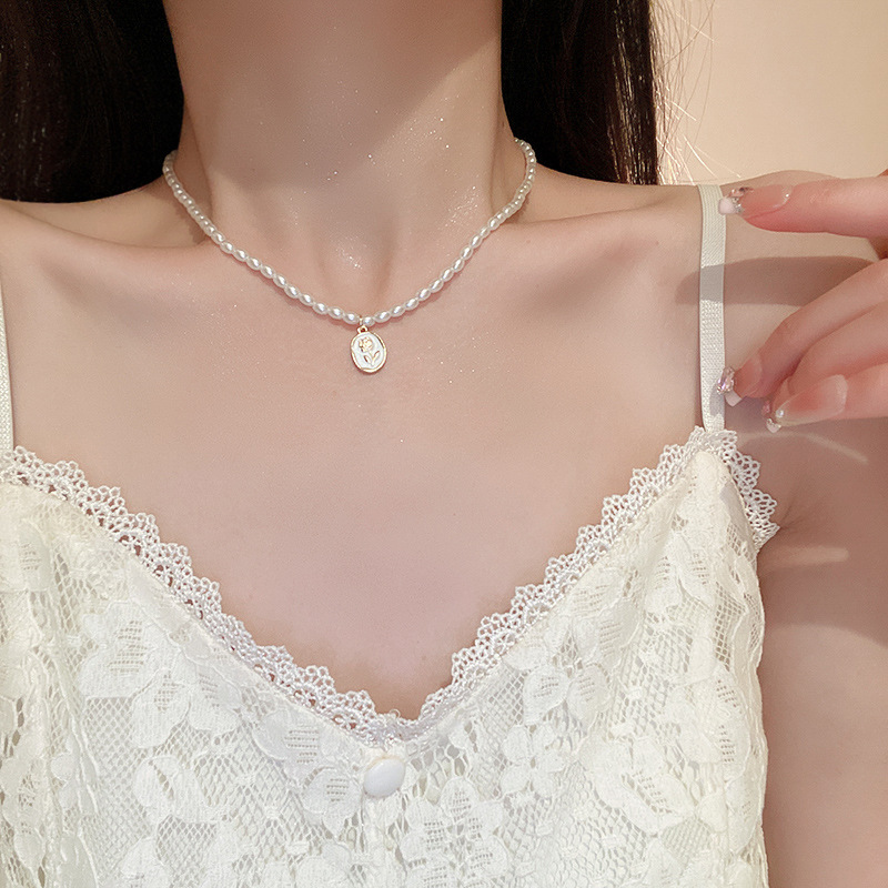 Perlen-Halskette mit ovaler Tulpenblume, süß duftende Kragenkette im koreanischen Stil, beliebte und vielseitige Halskettenverzierung für_voghion.com