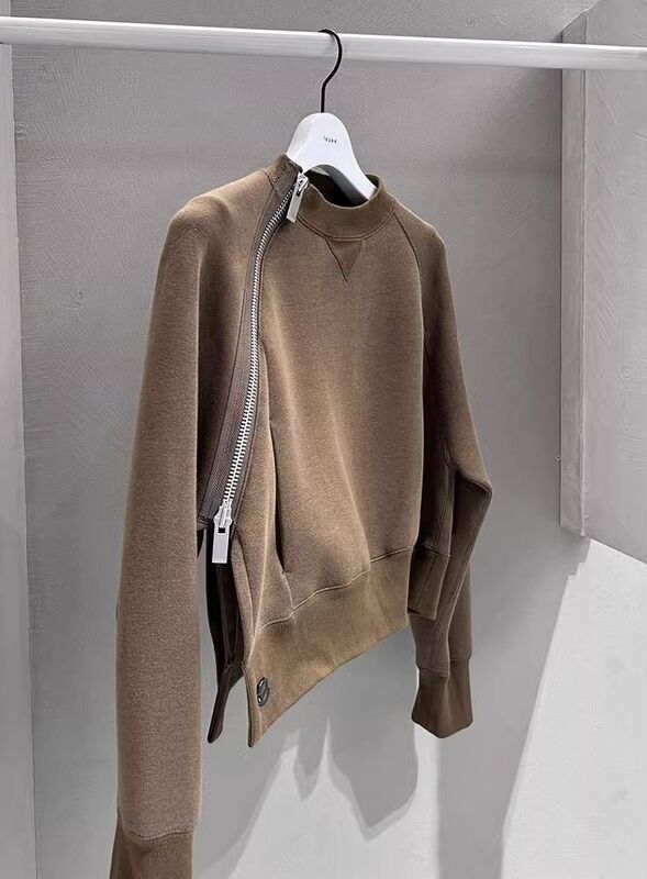 Outlets ~ foreign trade surplus order 2023 European fashion cold series high-grade oblique zipper brown sweater coat