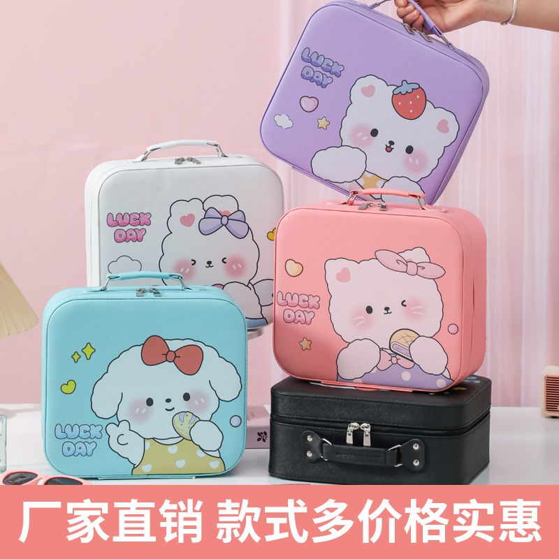 Nueva caja de maquillaje de dibujos animados con lámpara LED con partición maleta multifuncional portátil de gran capacidad de alto valor de maquillaje