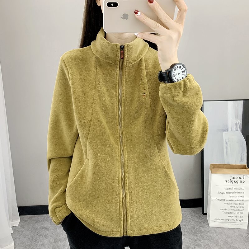야외 캐주얼 양털 옷 가을과 겨울 여성의 따뜻한 자물쇠 기모 두꺼운 지퍼 메이플 리프 칼라 카디건 스웨터 재킷