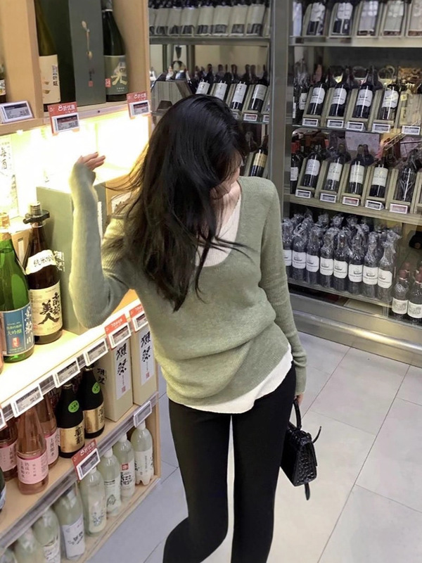 假两件拼接撞色针织衫女春秋设计感小众v领内搭打底衫长袖t恤上衣|undefined