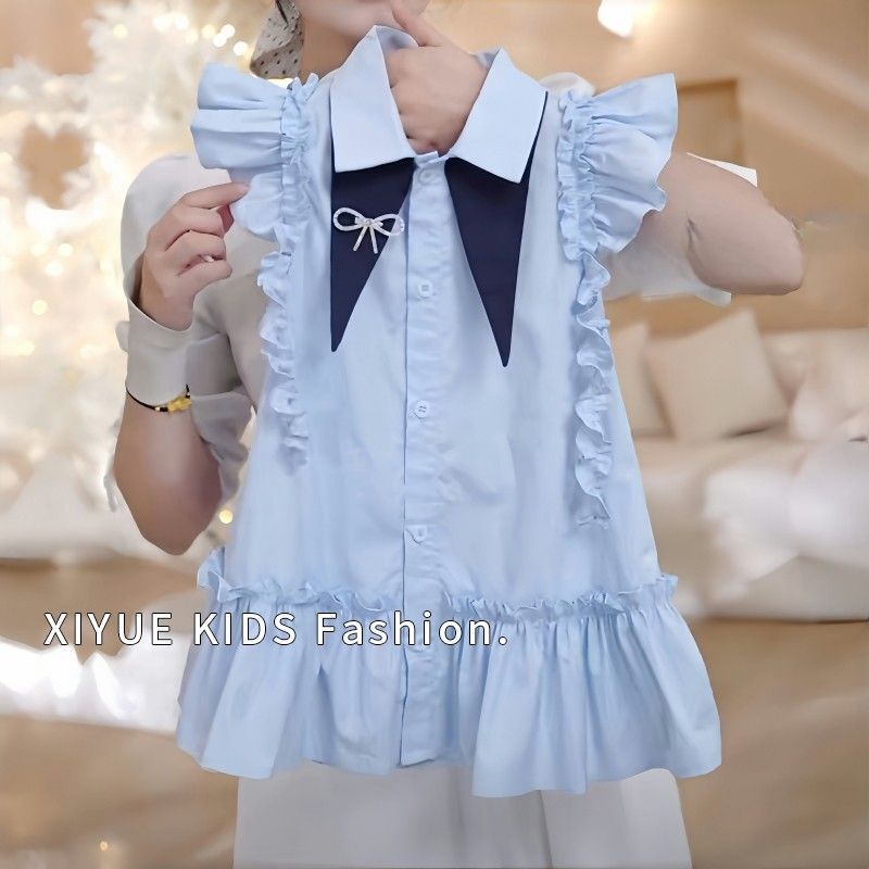 Girls Summer Skirt 2025 Big Kidsren's Girl's Flying Sleeve Shirt Dress Kidsren's Thin White Dress Pure Cotton Fabric Girls Summer Skirt 2025 Big Kidsren's Girl's Flying Sleeve Shirt Dress Kidsren's Thin White Dress Pure Cotton Fabric