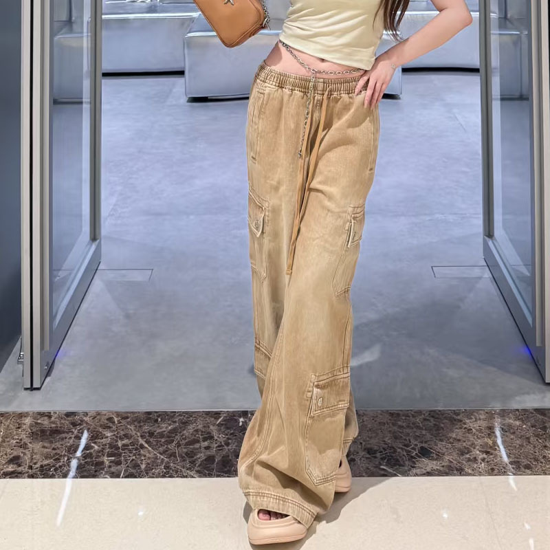 Smnk Cross Statue High Tower Denim Sweatpants Cotton Vintage Denim Loose Drawstring Workwear Casual Wide-Leg Pants