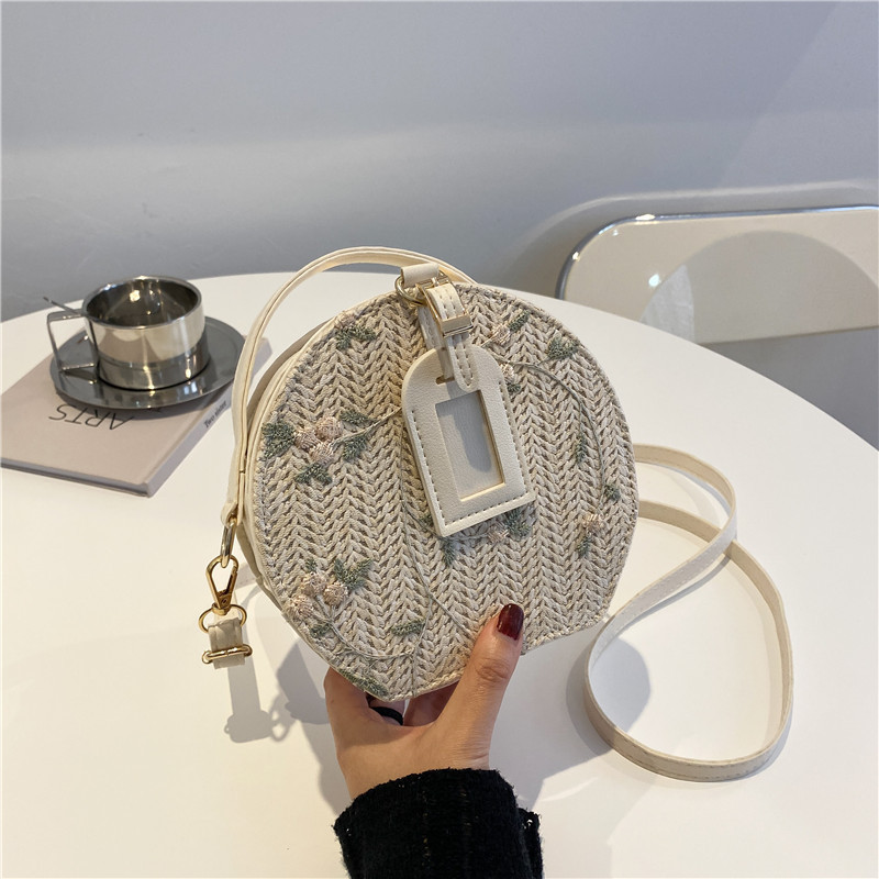 ins Trendy Internet Celebrity Straw Bag 2021 New Style Fresh Flower Woven Handbag Shoulder Crossbody Small Round Bag