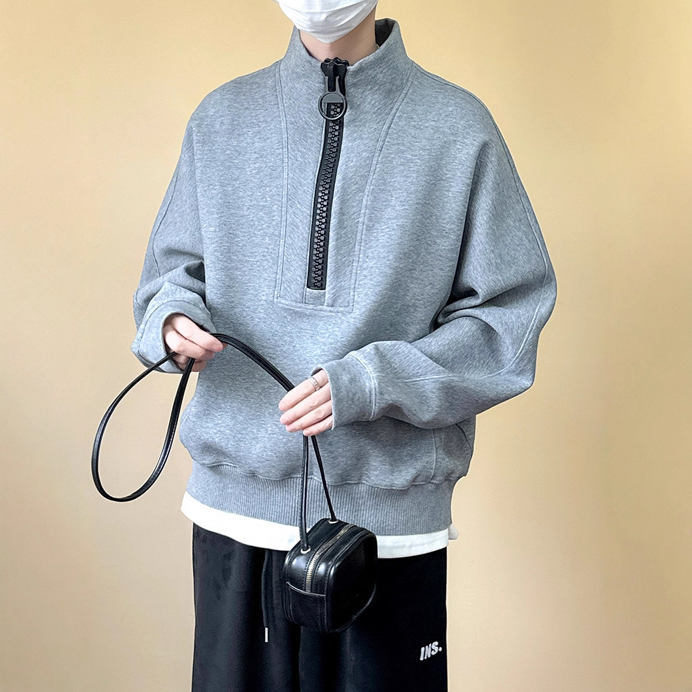 Big Zipper Stand Up Collar Hoodie For Men, Versatile For Winter High Street, Loose Fitting Top, Trendy Brand Casual Couple Jacket_voghion.com