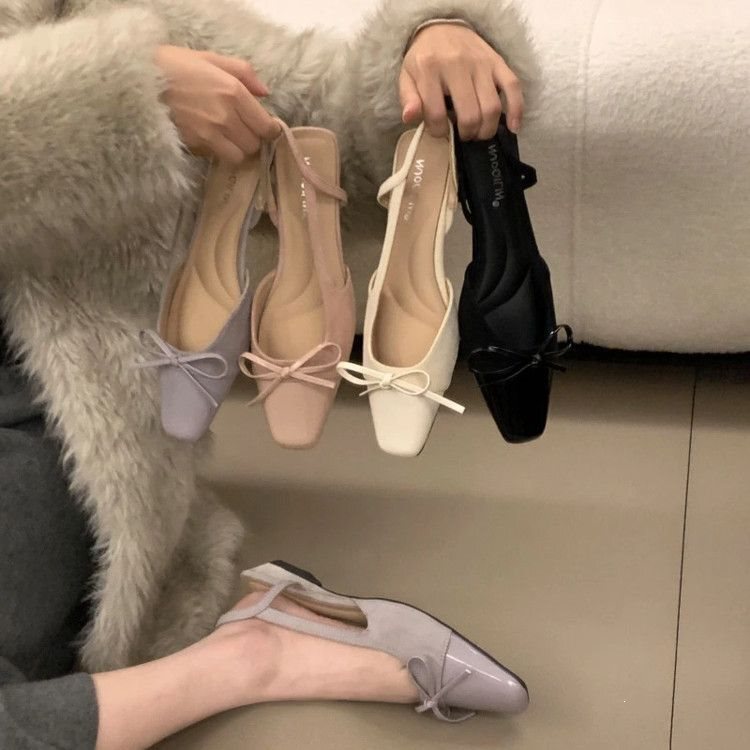 French Fairy-Style Bow-Tie Sandals with Skirt, Women's Summer New Style, Elegant Square-Toe Back-Strap Closed-Toe Shoes