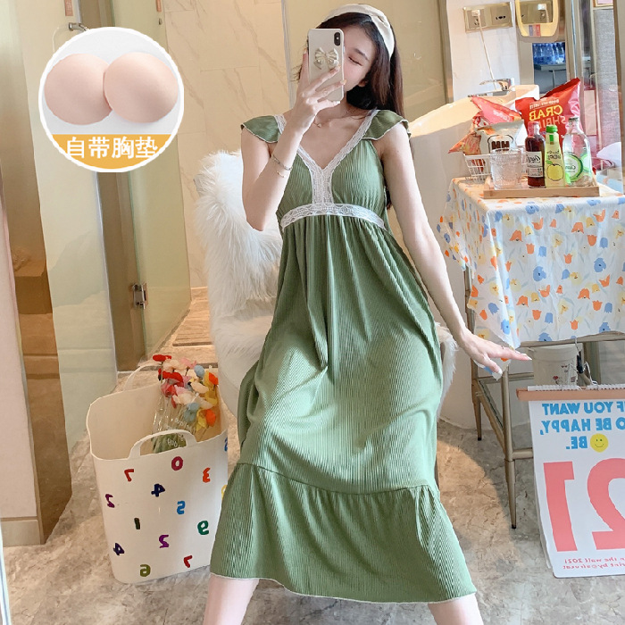 Tiktok live pijamas de verano polka dot sexy con almohadilla en el pecho camisón de media longitud de encaje dulce ropa para el hogar de las mujeres