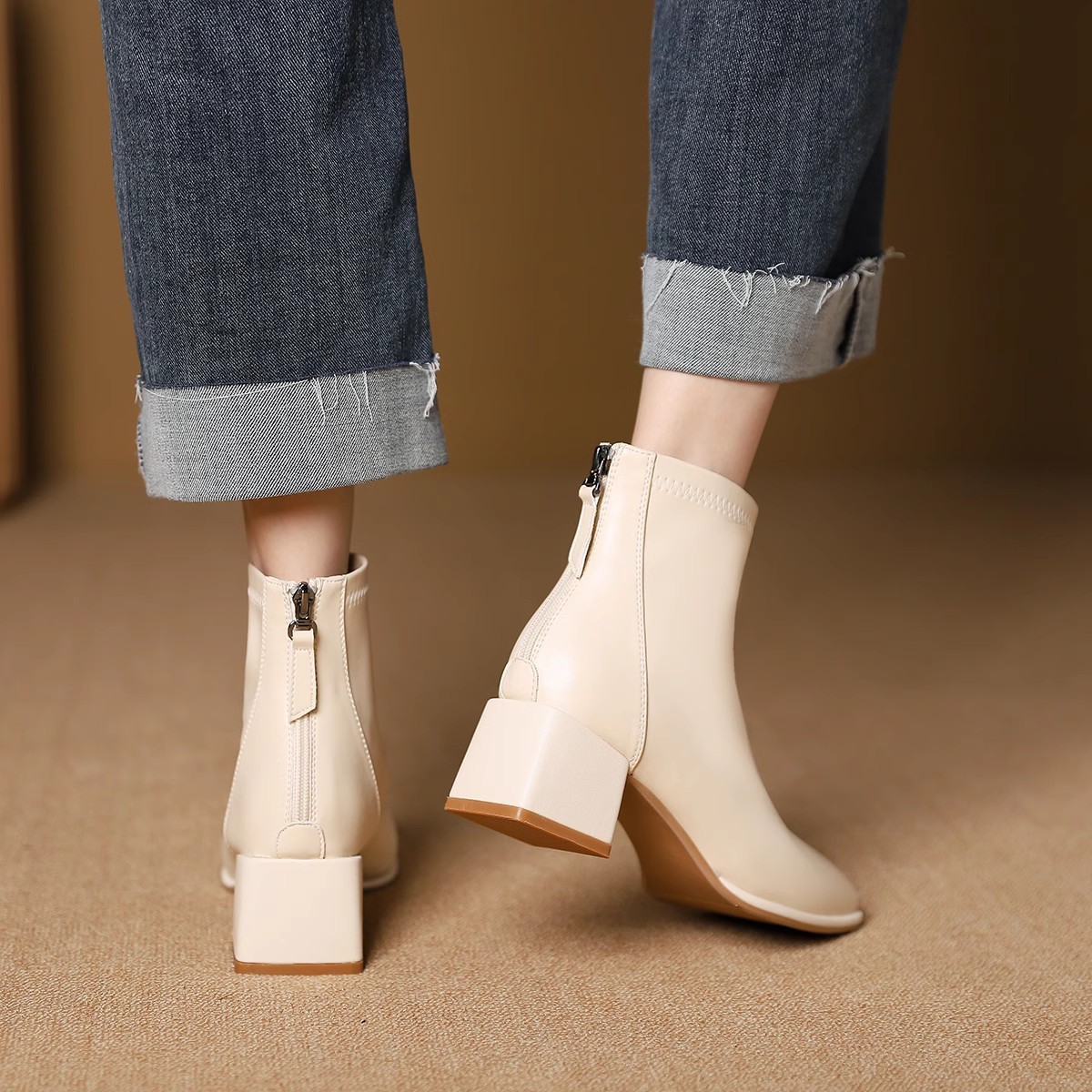 Demi-season women's low boots heels square toe with zipper