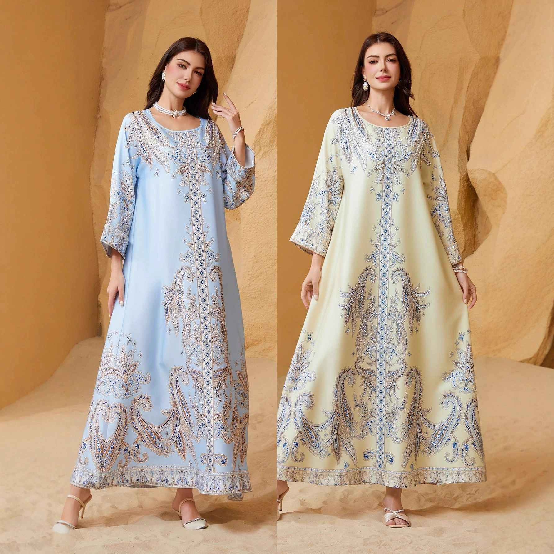 Самое популярное на Amazon платье-абайя в восточном стиле с принтом, круглым вырезом и бисером.