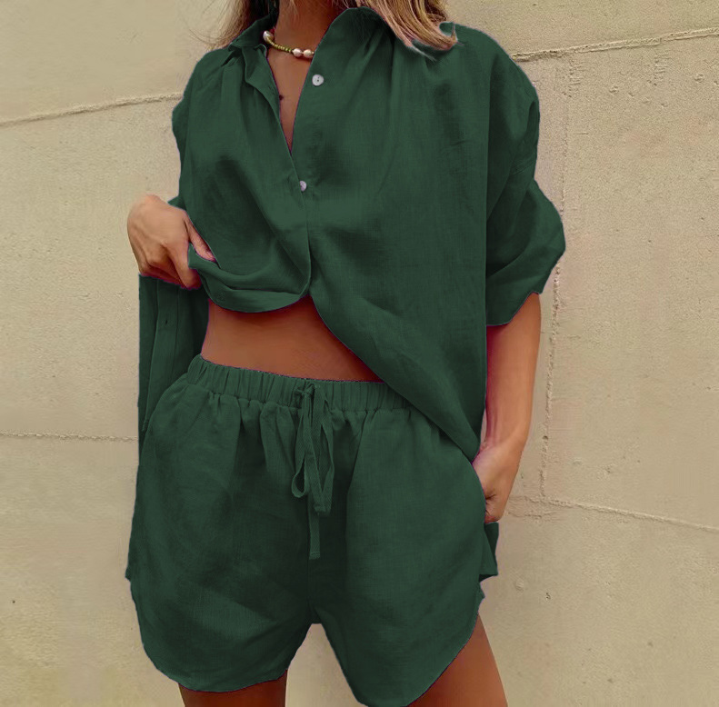 Women's Summer Casual 2-Piece Set: Solid Color Short Sleeve Shirt With Wide-Leg Pants & Tie-Waist Shorts_ecoleips.com