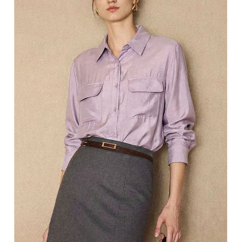 Purple Heavy-Duty Silk Long-Sleeve Shirt, Loose and Versatile Basic Style, Single-Breasted Commuter Style Shirt with Turn-Down Collar Purple Heavy-Duty Silk Long-Sleeve Shirt, Loose and Versatile Basic Style, Single-Breasted Commuter Style Shirt with Turn-Down Collar