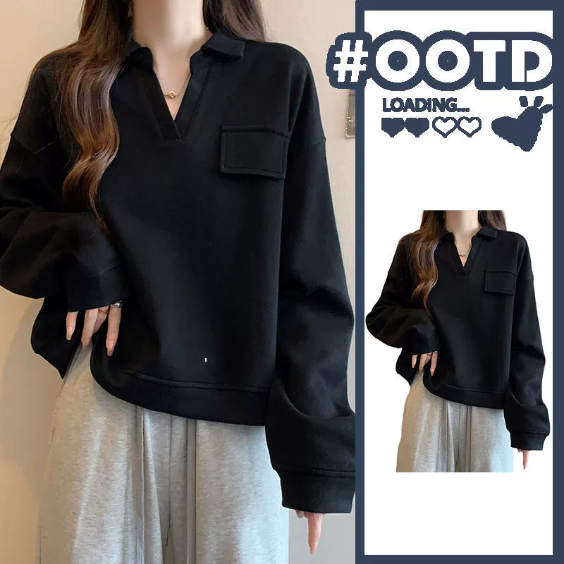 Толстый mm300 фунтов большой размер плеча с воротником POLO нижняя рубашка женская осень новая свободная крышка живота тонкая с длинными рукавами свитер