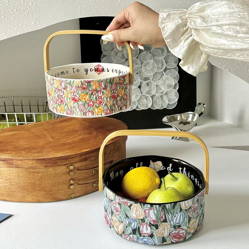 Cerámica retrógrada portátil bandeja de frutas casera de bocadillos dulces caja de frutas de lujo de alta gama exquisita cesta de frutas de nueces de lujo platos de bocadillos