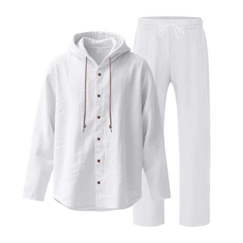 Men's Casual Breathable Linen Hooded Long Sleeve Shirt Cardigan Spring Summer Style Loose Fit Set_viptrois.com