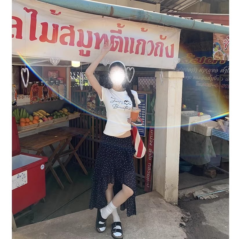 French Design Asymmetrical Floral Skirt for Women Spring and Summer Mid-Length Elastic Waist Slimming Look Versatile A-Line Skirt for Women