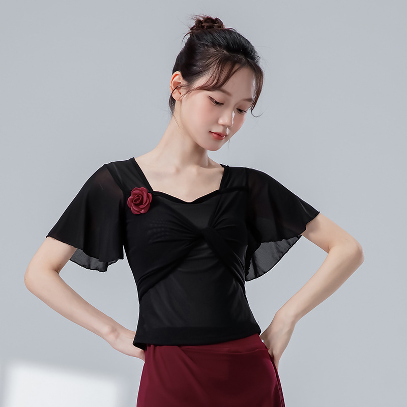 オリジナルデザインの女性用クラシックダンス練習服、夏用二層メッシュ、エレガントで妖精のような花の形をした半袖ガーゼ服|undefined