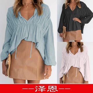 2022年夏季新款亚马逊ebay外贸热卖V领系带缩褶上衣