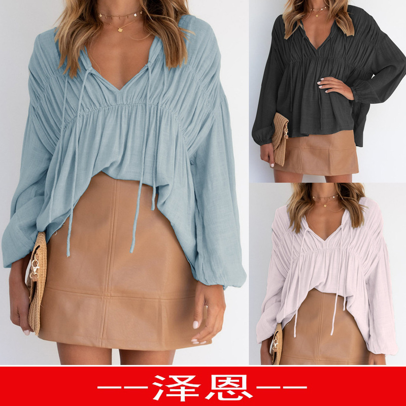 2022 summer new Amazon ebay foreign trade hot V-neck lace-up pleated top