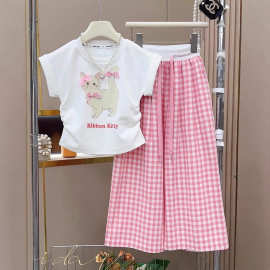 女童格子阔腿裤套装2025新款中大儿童夏装女孩收腰T恤儿童两件套