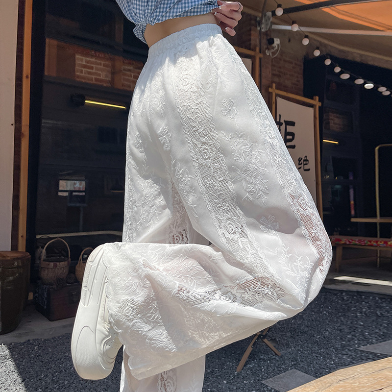 リアルショット刺繍中空ワイドレッグパンツデザインハイウエストスリム伸縮性ウエストフリル裾カジュアルパンツ|undefined