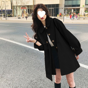 Black Coat Coat Women's Mid-length 2025 Spring and Autumn New Lantern Sleeve Casual Fashion All-match Top