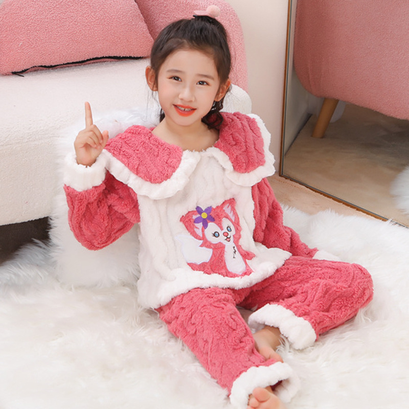 Otoño y invierno niños pijamas de franela niñas más terciopelo grueso coral terciopelo dibujos animados lindos set de ropa cálida para el hogar