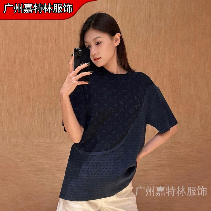 Cross-Border Authentic Version of Lv Letter Jacquard Pure Cotton Round Neck Short-Sleeve Unisex Trendy Brand L High-End Version T-Shirt