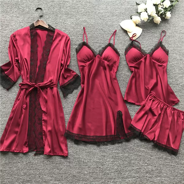 Cross-border Pajamas Women's Sexy Pajamas Four-piece Set Korean-style Sling Pajamas Women's Home Clothes with Chest Pad Nightgown 2103