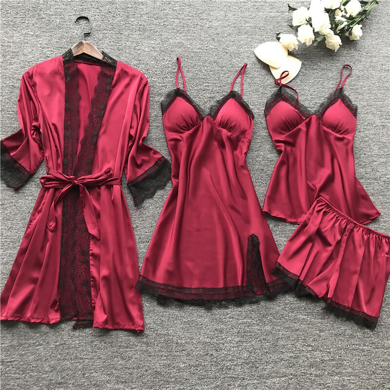 Cross-border Pajamas Women's Sexy Pajamas Four-piece Set Korean-style Sling Pajamas Women's Home Clothes with Chest Pad Nightgown 2103 Cross-border Pajamas Women's Sexy Pajamas Four-piece Set Korean-style Sling Pajamas Women's Home Clothes with Chest Pad Nightgown 2103